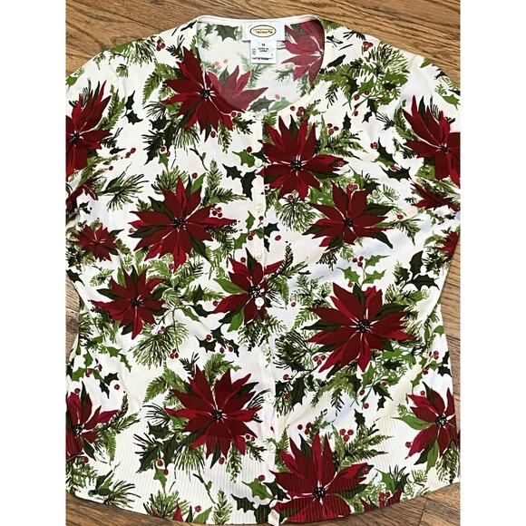 Vintage Talbots Poinsettias Knit Cardigan Sweater White Medium - Picture 10 of 12